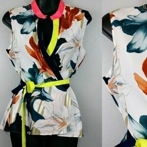EUC T Tahari Floral Wrap Tank Blouse Neon Ribbon Tie Accent Size XS